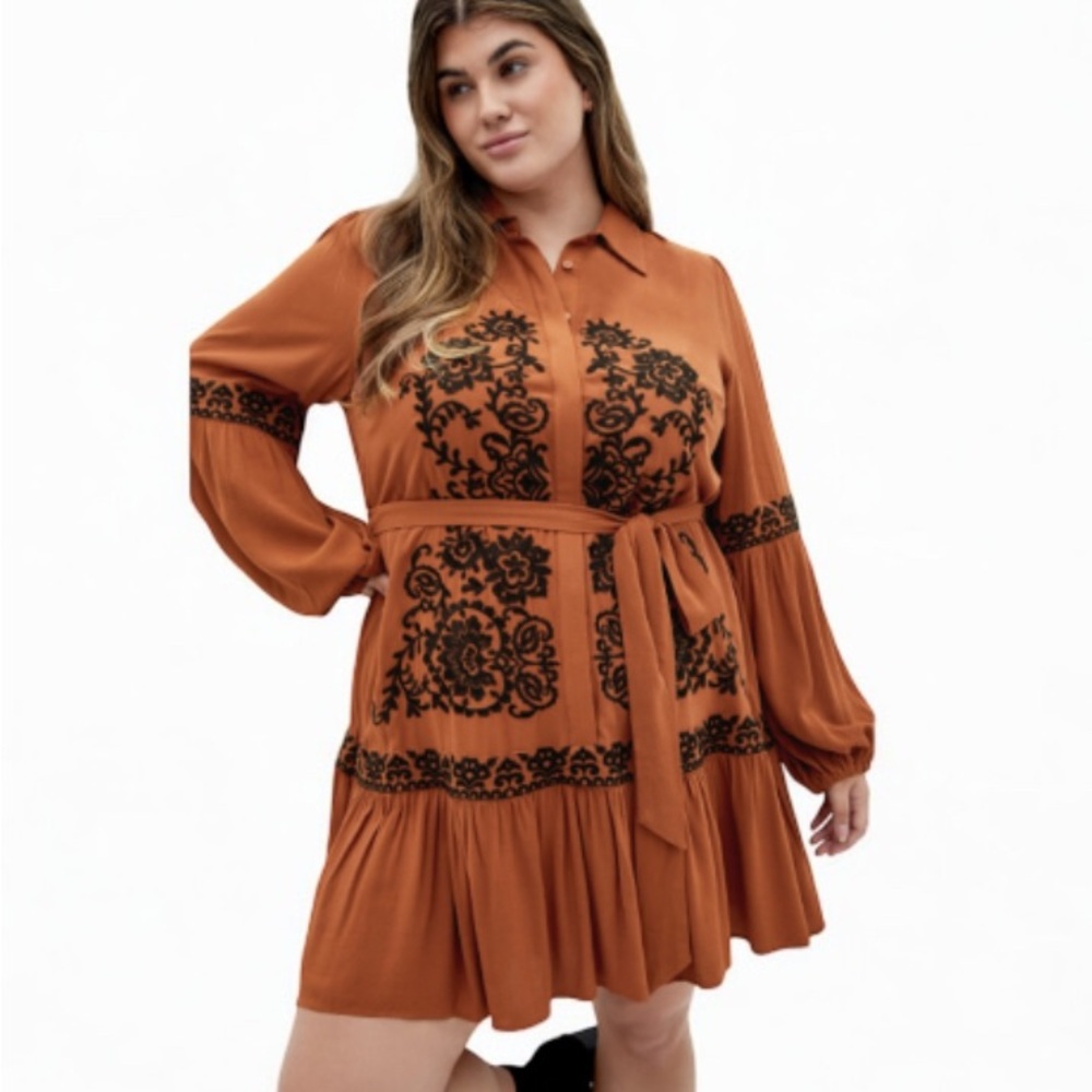 City Chic Caramel Black Embroidered Dress Boho Mini Long Sleeve Plus Size 16 NWT - Picture 5 of 7
